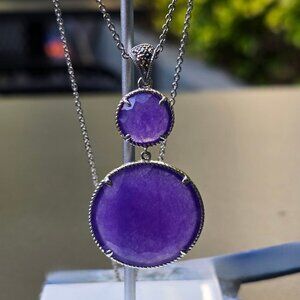 Sterling Silver Lavender Jade Necklace Rope Detail Pendant w/ Marcasite Accents